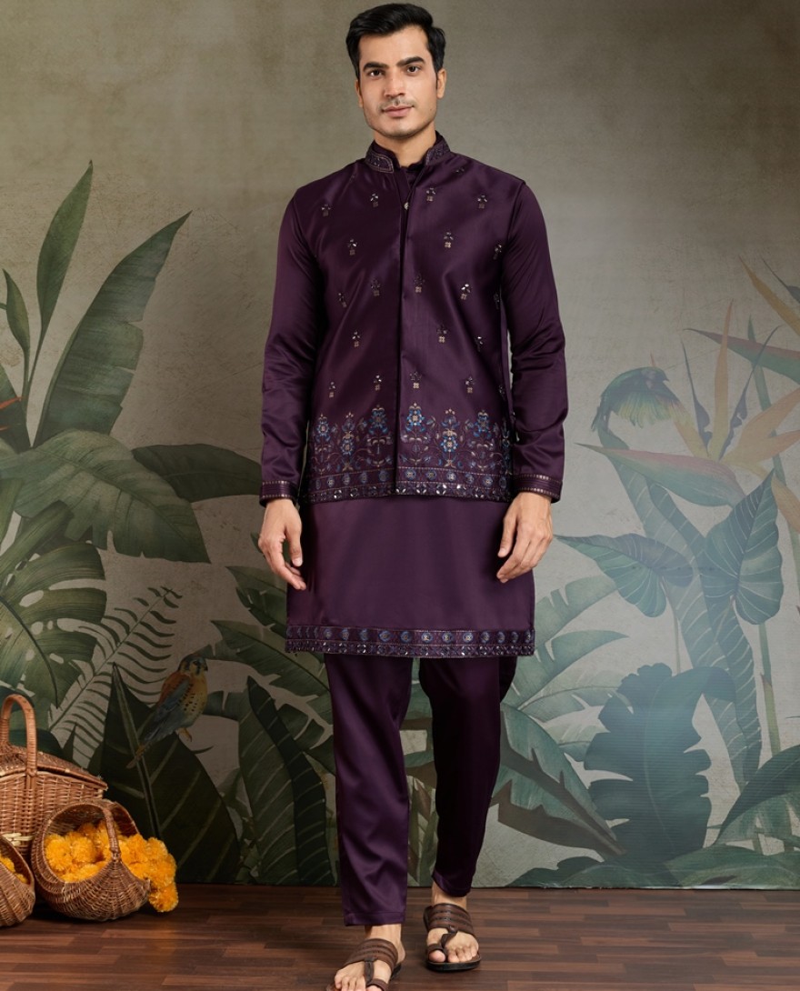61105-PURPLE - Royal Plum Embroidered Kurta Set for Men